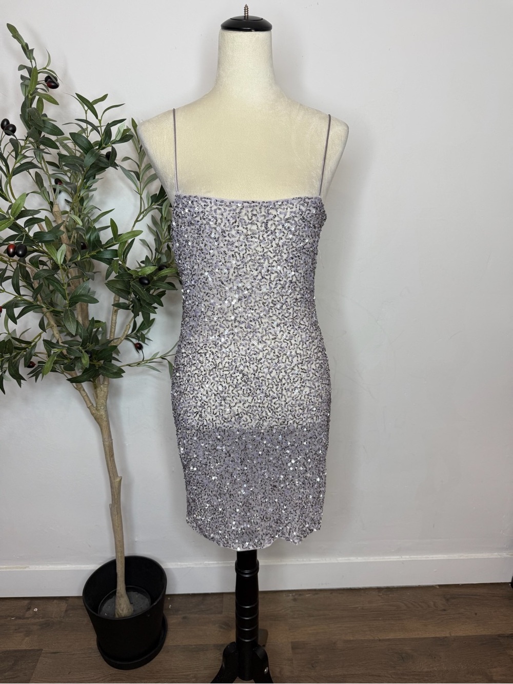 Retrofete Light Purple Silver Sequin Spaghetti Strap Mini Dress
